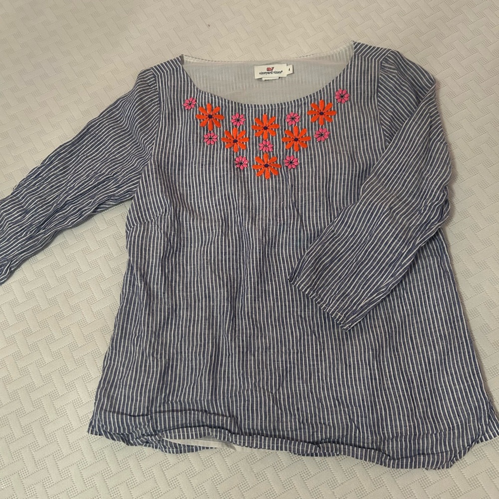 Vineyard Vines Striped Blouse with Floral Embroidery